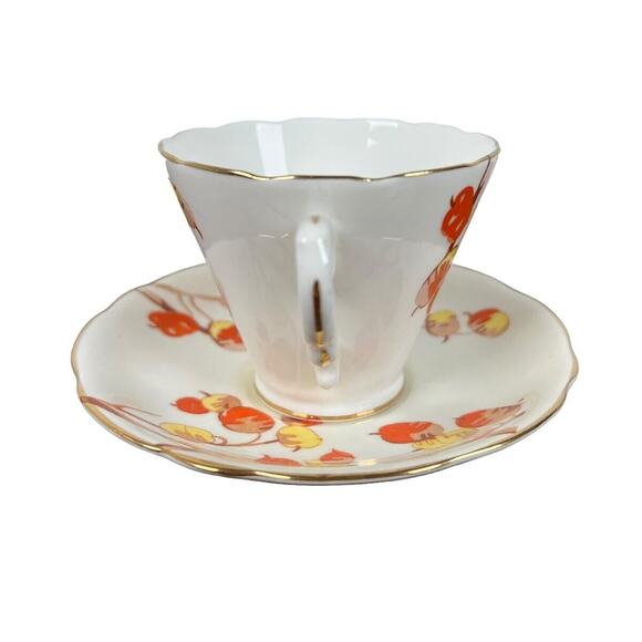 Gladstone Bone China Cup Saucer England Persimmon Fruit Scalloped Rim Gilded - Picture 2 of 14